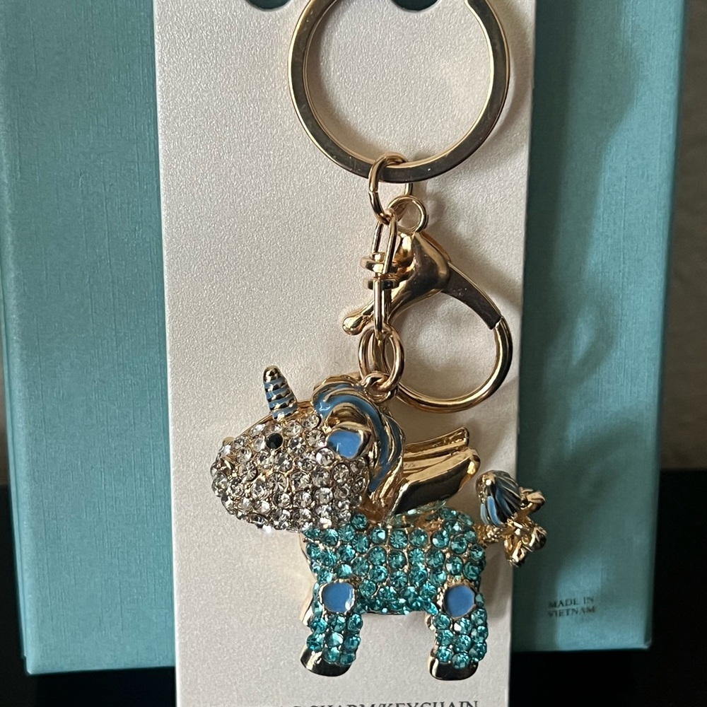 Natasha Badazzled Gold and Teal Rhinestone Unicorn Bag Charm Key Holder
